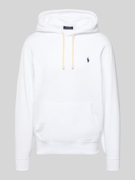 Produktfoto, Regular Fit Hoodie aus Baumwoll-Mix van Polo Ralph Lauren in effen wit met logo-detail, kangoeroezak, geribde boorden, sweatstructuur