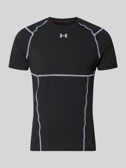 Produktfoto, T-Shirt mit Logo-Print und Raglanärmel von Under Armour aus schwarzem Material-Mix mit Stretch-Anteil, Elite Fit, Rundhalsausschnitt, Rückenlänge bei Größe M: 69 cm