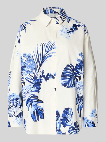 Produktfoto, Regular Fit Bluse im Allover-Look Modell 'BATWING TROPICS' von Fynch-Hatton, reine Baumwolle, blau-weißes florales Muster, Hemdblusenkragen, Knopfleiste