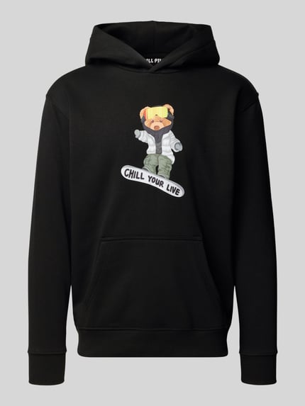 Produktfoto, Relaxed Fit Hoodie aus Baumwoll-Mix mit Motiv-Print von CHILL PILL, Schwarz, Känguru-Tasche, elastische Abschlüsse, Größe M