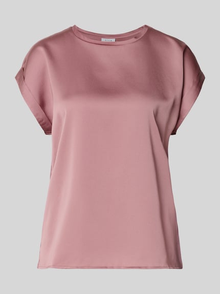 Produktfoto, Damen T-Shirt aus Satin im Regular-Fit mit Rundhalsausschnitt, Modell 'ELLETTE' von VILA, Rückenlänge 58 cm bei Größe 36, seidig glänzende Oberfläche, Farbe Rosa, glatte Struktur, Ärmel mit Aufschlag.