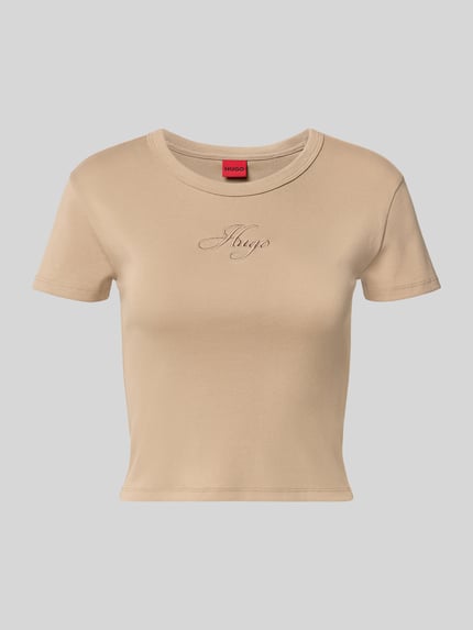 Produktfoto, Slim Fit T-Shirt aus Baumwoll-Mix Modell 'DELANOR' von HUGO, Optik: Unifarben, Label-Stitching-Applikation, Jersey-Textur