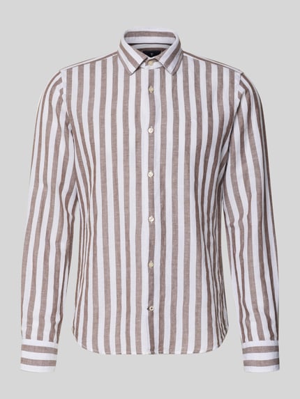 Produktfoto, Slim Fit Business-Hemd mit Kentkragen Modell 'Pit' von JOOP! Collection, mieszanka lnu i bawełny, krój slim fit, listwa guzikowa, sportowe mankiety, zaokrąglony dół, długość tyłu w rozmiarze 40: 74 cm, szerokość ramion w rozmiarze 40: 41 cm, długość rękawów w rozmiarze 40: 67 cm, pionowe białe i beżowe pasy, gładka tekstura
