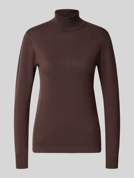 Productfoto, Slim Fit Strickpullover aus Viskose-Mix Modell 'Morla' van b.young, damestrui in donkerbruin, ribbelstructuur, rolkraag, elastische boorden, lengte 55 cm, mouwlengte 62 cm
