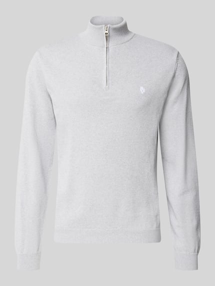 Produktfoto, Troyer mit Logo-Stitching und kurzem Reißverschluss von REVIEW, lichtgrijze katoenenmix, modern fit, geribde boorden, korte ritssluiting