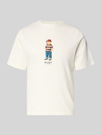 Produktfoto, T-Shirt mit Motiv-Print und Rundhalsausschnitt von REVIEW, męski t-shirt z bawełny, krój regular fit, nadruk z motywem, okrągły dekolt, długość tyłu w rozmiarze m: 64 cm, kremowy kolor, klasyczny fason