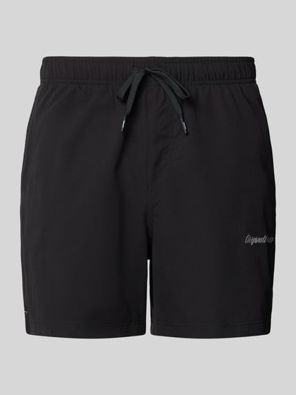 Produktfoto, zwarte heren zwembroek van Jack & Jones, regular fit, elastische band, model 'MAUI' met labelstitching en tunnelkoord