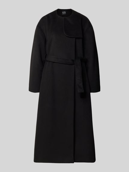 Produktfoto, Mantel mit Rundhalsausschnitt und Bindegürtel von Armani Exchange, schwarz, A-Linie, glatte Struktur, Material-Mix mit Viskose-Anteil.