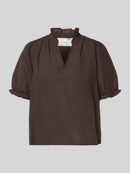Produktfoto, dunkelbraunes Blusenshirt aus Leinen-Baumwoll-Mix Modell 'Odesa' von Neo Noir mit V-Ausschnitt, Regular-Fit, Damen