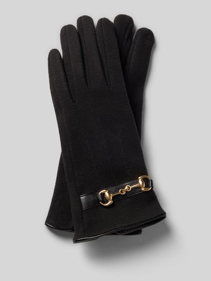 Produktfoto, Handschuhe aus elastischem Material-Mix von EEM, Schwarz, goldfarbene Zier-Applikation, eingefasste Abschlüsse, Damen Handschuhe