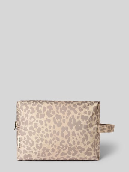 Produktfoto, Kosmetiktasche mit Allover-Animal-Print Modell 'Puffy' von STUDIO NOOS, beige-braune Töne, Reißverschluss, prostokątny kształt, struktura gładka, kontekst: damska kosmetyczka, główna komora na zamek, wewnętrzna kieszeń na suwak