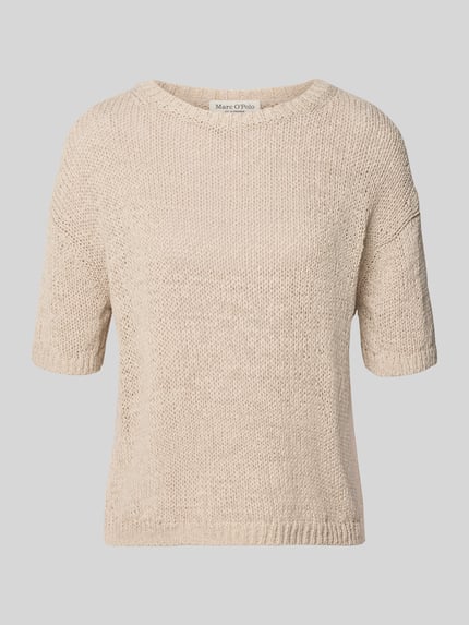 Produktfoto, Regular Fit Pullover aus katoenmix van Marc O'Polo in beige gebreide look met korte mouw, ronde hals, geribde zoom, tricotstructuur