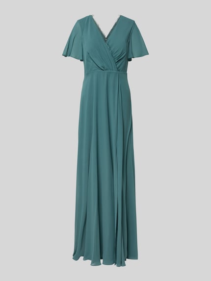 Produktfoto, Damen Abendkleid mit Spitzenbesatz von Christian Berg Cocktail in Türkis, V-Ausschnitt, Wickel-Optik, Raffungen, semitransparenter Stoff