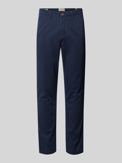 Produktfoto, Slim Fit Hose in Knöchellänge Modell 'Marco' von Jack & Jones z mieszanki bawełny, kolor granatowy, krój slim fit, długość do kostek, wpuszczane kieszenie boczne i tylne, zapięcie na guzik i zamek błyskawiczny, szerokość w rozmiarze 32/32: 41 cm, długość wewnętrzna nogawki: 74 cm