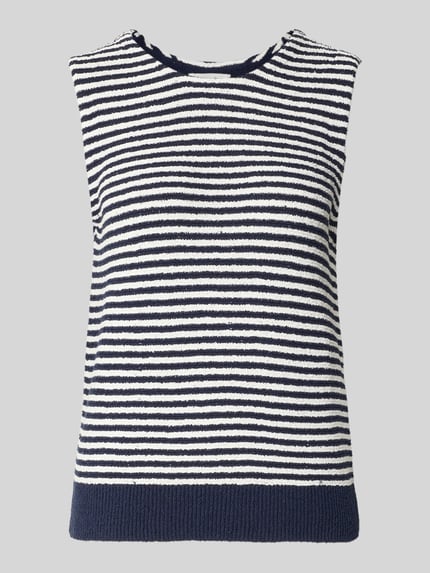 Produktfoto, Frise Yarn Frottee Ringel-Top van Christian Berg Woman in donkerblauw-wit streepmotief, badstof, regular fit, ronde hals, ruglengte bij maat S 56 cm