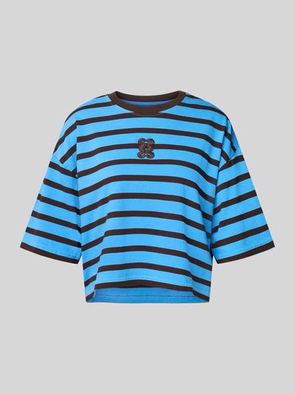 Produktfoto, Cropped T-Shirt mit Halbarm van Smith & Soul, blauw-zwart gestreept, puur katoen, boxy fit, ronde hals, korte look