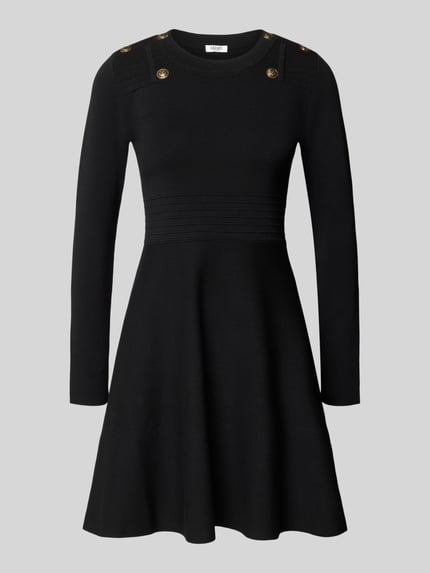Produktfoto, schwarzes Slim Fit Minikleid aus Viskose-Mix mit goldenen Knöpfen, Modell 'Abito Maglia' von Liu Jo White, Zierbesatz, Rundhalsausschnitt, langärmlig