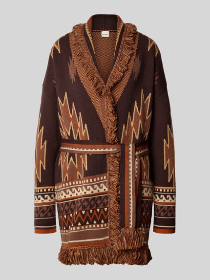 Produktfoto, Relaxed Fit Strickjacke aus Woll-Mix mit Fransen von Stefanel in Braun-, Beige- und Orangetönen, grafische Muster, Bindegürtel, Damen Strickjacke, Rückenlänge 84 cm, Ärmellänge 54 cm