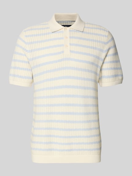 Produktfoto, Poloshirt mit Polokragen und kurzer Knopfleiste von MCNEAL, bawełna, krój regular fit, beżowy z niebieskimi paskami, widoczna faktura dzianiny