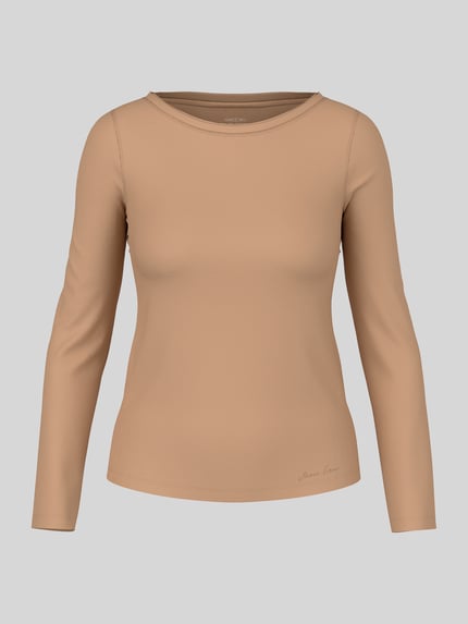 Produktfoto, Slim Fit Langarmshirt aus Baumwoll-Mix von Marc Cain in Beige, U-Boot-Ausschnitt, elastisches Material, Logo-Stickerei, Damen Langarmshirt