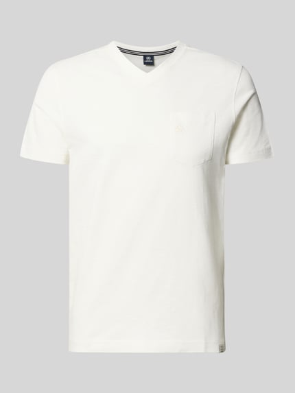 Produktfoto, Regular Fit T-Shirt mit V-Ausschnitt von Lerros aus Reine Baumwolle, Herren T-Shirt mit Brusttasche, Logo-Stitching, weiß