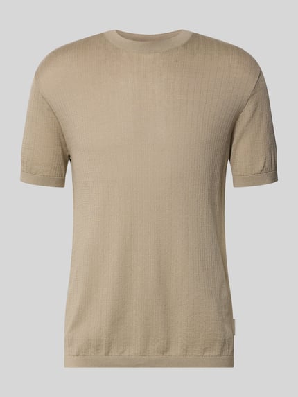 Produktfoto, Strickshirt mit Rundhalsausschnitt von ARMANI EXCHANGE, beżowy, czysta bawełna, krój slim fit, długość tyłu w rozmiarze M: 69 cm
