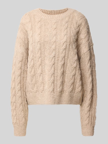 Produktfoto, Oversized Fit Strickpullover mit Zopfmuster von REVIEW in Beige, Rundhalsausschnitt, elastische Abschlüsse, strukturierte Oberfläche