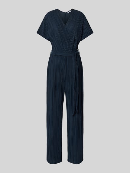 Produktfoto, Jumpsuit mit Plisseefalten und Bindegürtel Modell 'Pe44arl' von ZABAIONE, granatowy, krój slim fit, faktura plisowana