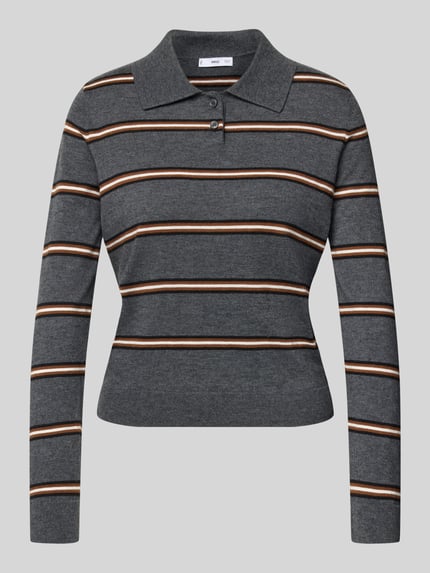 Produktfoto, Strickpullover mit kurzer Knopfleiste von Mango, grau mit braun-beigen Streifen, Polokragen, Regular Fit, Woll-Mix, gerippte Abschlüsse