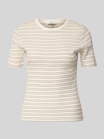 Produktfoto, t-shirt met smalle zwarte lijnen in crèmekleur en structuurtextuur, slim fit katoenmix met stretch, model 'Soleili' van OPUS