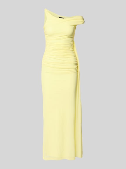 Produktfoto, Abendkleid mit asymmetrischem Ausschnitt Modell 'LAYANA' von Bardot in Gelb, Material-Mix mit Stretch-Anteil, Körpernaher-Schnitt, Maxikleid, mit Raffung, glatte Textur, Größe 36 Rückenlänge 125 cm, Brustweite 40 cm.