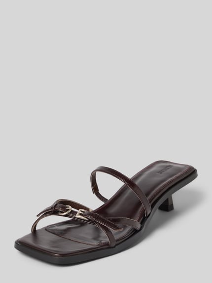 Productfoto, Sandaletten uit echt leer model 'Liko' van ALOHAS, recht pasvorm, open hiel, hakhoogte maat 40: 5 cm, donkerbruin, vierkante tip, glad oppervlak, metalen gesp