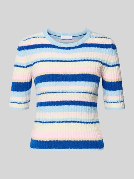 Produktfoto, Strickshirt mit Rundhalsausschnitt und 1/2-Arm von Rich & Royal, bunte Streifen in Blau, Gelb, Rosa, Baumwoll-Mix, Slim Fit, Allover-Look