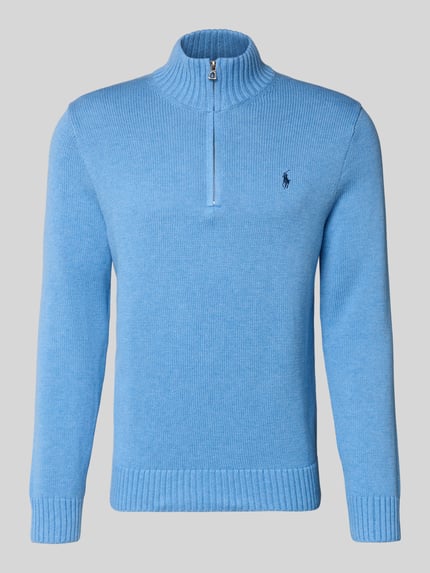 Produktfoto, Troyer mit Label-Stitching von Polo Ralph Lauren in Hellblau, reine Baumwolle, gerippte Abschlüsse, kurzer Reißverschluss, Regular Fit.
