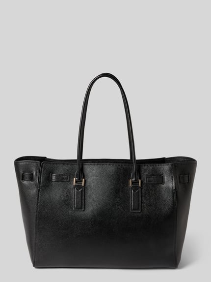 Produktfoto, schwarze Handtasche mit Tragehenkel Modell 'HAMILTON' von MICHAEL Michael Kors aus Echtleder, Label-Detail, Hauptfach mit Reißverschluss, Innenfach mit Reißverschluss, Breite 52 cm, Länge 32 cm, Tiefe 15 cm, Schulterriemen 67 cm