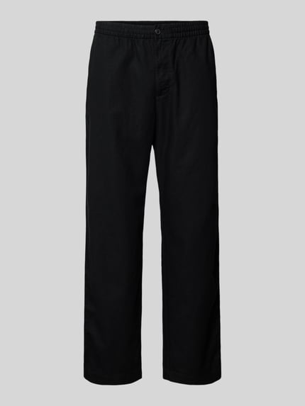 Produktfoto, Leinenhose mit elastischem Bund und Eingrifftaschen von GAP aus Leinen-Baumwoll-Mix in Schwarz, Loose-Fit, Knopf-Reißverschluss, Französische Eingrifftaschen, Gesäßleistentaschen, Bundweite 43 cm, Innenbeinlänge 80 cm, glatte Textur und lockerer Schnitt auf hellem Hintergrund.