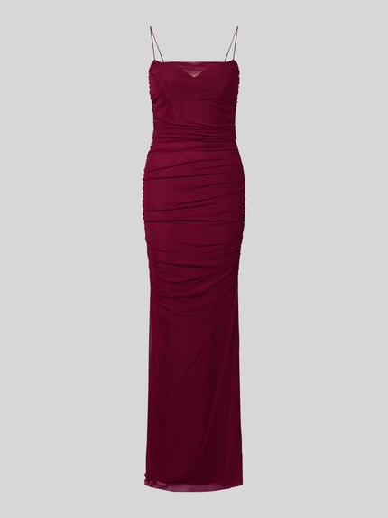 Produktfoto, Slim Fit Abendkleid mit Gehschlitz von Hey Kyla in Bordeaux, semitransparentes Mesh, blickdichter Unterrock, raffiniert drapierte Oberfläche