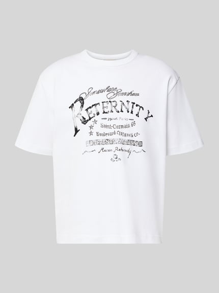 Produktfoto, weißes Relaxed Fit T-Shirt aus reiner Baumwolle mit schwarzem Motiv-Print, Modell 'SOMEWHERE SOMEHOW' von RETERNITY, Rückenlänge 66 cm in Größe M