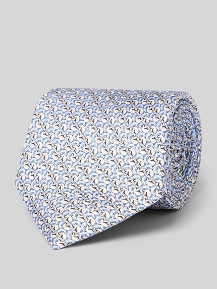 Produktfoto, Krawatte aus reiner Seide mit Allover-Motiv-Print von Willen in Blau mit feiner Struktur, spitze Passform, 8 cm Breite, Logo-Detail