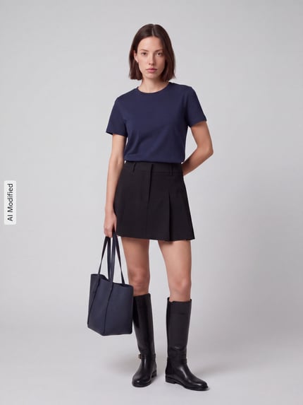 Frauenmodel trägt Regular Fit T-Shirt aus reiner Baumwolle Modell 'LOS' von Tom Tailor in Dunkelblau, glatte Textur, Ganzkörperansicht von vorne, Damen T-Shirt von Tom Tailor, KI-modifiziertes Bild.