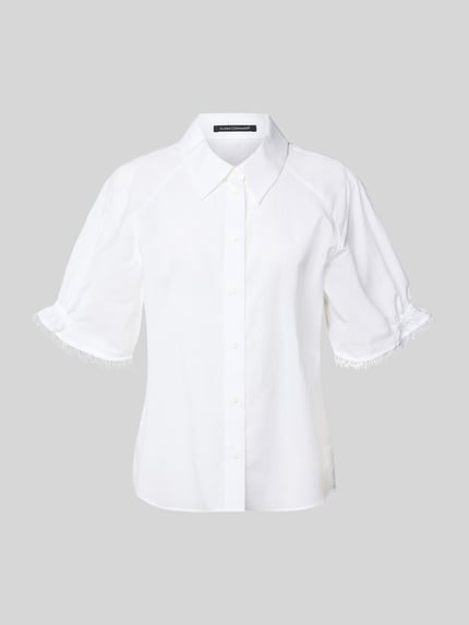 Produktfoto, Bluse mit 1/2-Arm und Hemdblusenkragen von Luisa Cerano in Weiß, reine Baumwolle, Straight Fit, Fransensaum, abgerundeter Saum, Knopfleiste.