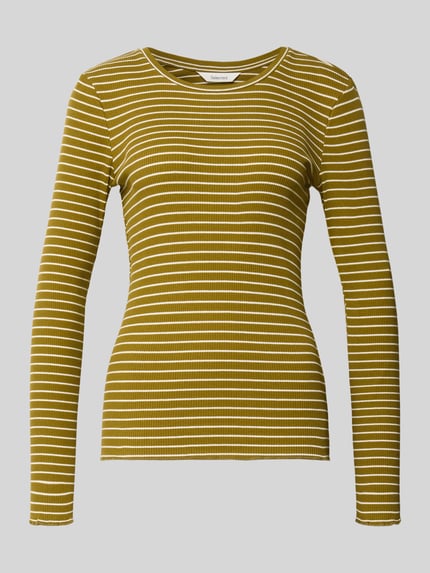 Produktfoto, Slim Fit Langarmshirt aus Baumwoll-Mix Modell 'ANNA' von Selected in Olivgrün mit weißen Querstreifen, Damen Langarmshirt von Selected
