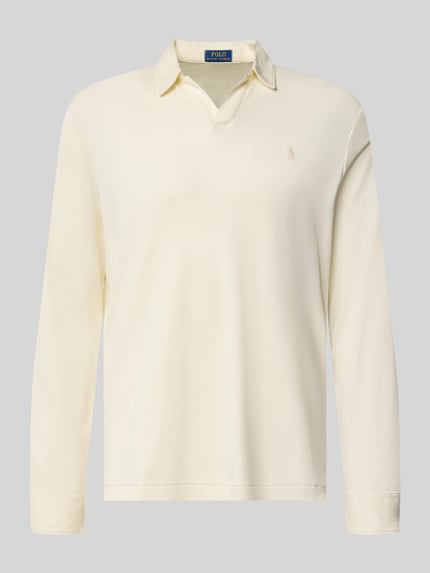 Produktfoto, Slim Fit Poloshirt aus reiner Baumwolle von Polo Ralph Lauren in Creme, lange Ärmel, glatte Textur, neutrale Farbgebung