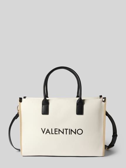 Productfoto, Handtasche met logo model 'ACANTHA' van VALENTINO BAGS van katoen-viscosemix, roomwit met zwarte details, hoofdvak met rits, breedte 41 cm, lengte 31 cm, diepte 14 cm, schouderriem 128 cm, gladde structuur, rechthoekige vorm.