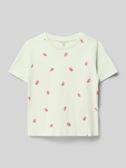 Productfoto, Regular Fit T-Shirt aus reiner Baumwolle Modell 'BEATE' van Only, unikleurig lichtgroen met aardbei-print, ronde hals, korte mouwen, jerseystof