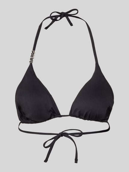 Produktfoto, schwarzes Bikini-Oberteil mit Logo-Detail Modell 'Rem' von Guess aus Elastischer-Material-Mix und Strasssteinbesatz, glatte Oberfläche