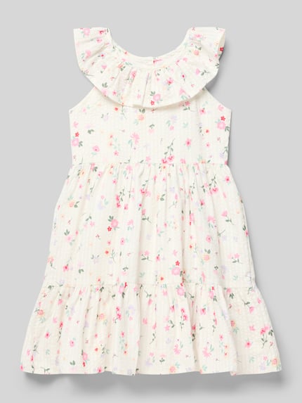 Produktfoto, sukienka 'Kleid im Stufen-Look' od Happy Girls z bawełny, linia a, efekt stopniowania, listwa guzikowa z tyłu, długość tyłu 58 cm w rozmiarze 116, wzór w drobne kwiaty, jasne kolory, miękka faktura