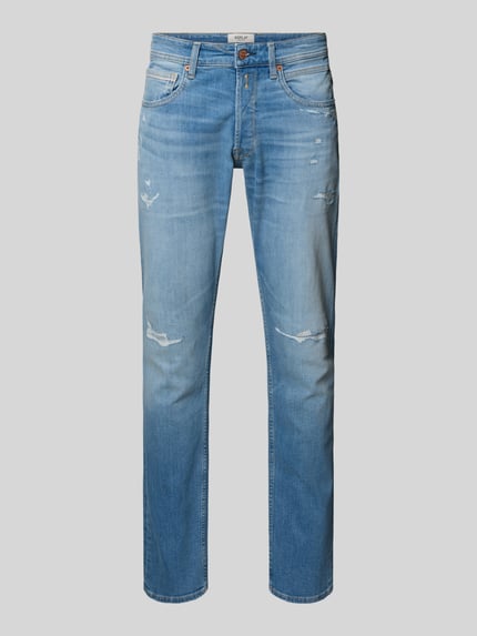 Produktfoto, Straight Leg Jeans im Used-Look Modell 'Grover' van Replay, heren jeans van katoenmix met stretch, recht model, 5-pocketmodel, knoop- en ritssluiting, lichte blauwe wassing met used-look, bandwijdte 43 cm, binnenbeenlengte 80 cm