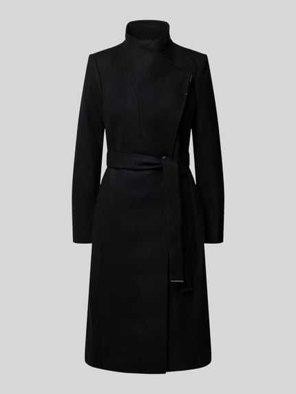 Produktfoto, lange jas in zwart, Model 'ROSE' van Ted Baker, opstaande kraag, slim fit, knoopsluiting, labeldetail, strikceintuur, ruglengte maat 36: 105 cm, schouderbreedte: 40 cm, borstwijdte: 45 cm, mouwlengte: 63 cm