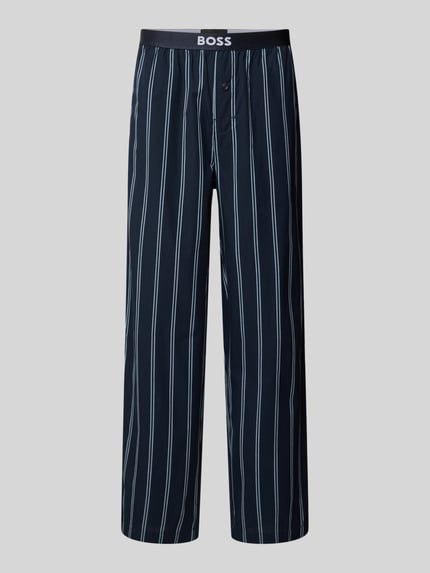 Produktfoto, Regular Fit Pyjama-Hose aus reiner Baumwolle Modell 'EASY PANTS' von BOSS, dwukolorowy wzór w paski, pas z logo, wpuszczane kieszenie, wykończenie: popelina, materiał: bawełna